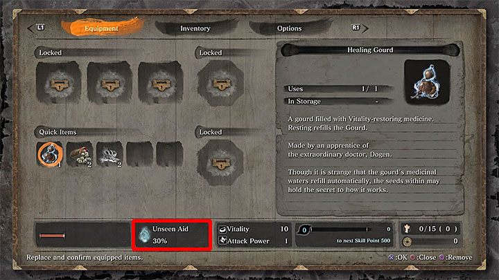 Aktualną wartość Pomocy losu możesz najłatwiej sprawdzić otwierając okno inwentarza - jest ona wyświetlana u dołu ekranu (powyższy obrazek) - Czym jest Pomoc losu w Sekiro Shadows Die Twice? - Sekiro Shadows Die Twice - poradnik do gry