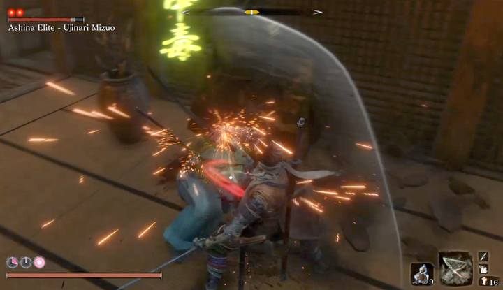 Skuteczna metoda walki to zatruwanie przeciwnika z użyciem Sabimaru; nie marnuj Symboli ducha - przerwij atak, gdy wróg posiada status Zatrucia - Ashina Elite - Ujinari Mizuo - Boss w Sekiro Shadow Die Twice - Sekiro Shadows Die Twice - poradnik do gry