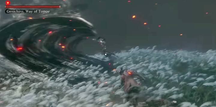 Atak specjalny wroga to cięcie o dużym zasięgu; bądź cały czas przy bossie, by uniemożliwić mu wykonanie tego ataku - Genichiro & Isshin, the Sword Saint - Boss w Sekiro Shadow Die Twice - Sekiro Shadows Die Twice - poradnik do gry