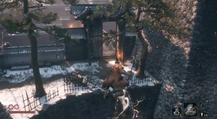 Stojąc za drzwiami prowadzącymi do Zamku Ashiny, przeskocz na lewo, nad rozpadliną; dalej znajduje się most - Kramarz z lochu | Handlarze w Sekiro Shadows Die Twice - Sekiro Shadows Die Twice - poradnik do gry