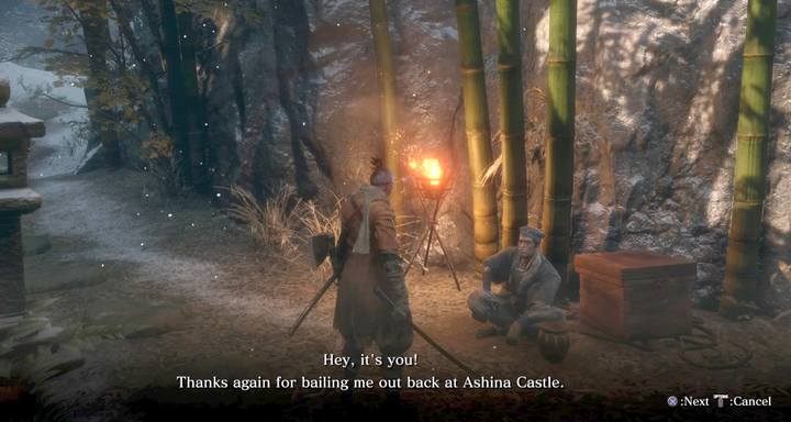 Gdy porozmawiasz z handlarzem przy zamku, pojawi się on niebawem w Zaniedbanej świątyni - Handlarz wiedzą Fujioka | Handlarze w Sekiro Shadows Die Twice - Sekiro Shadows Die Twice - poradnik do gry