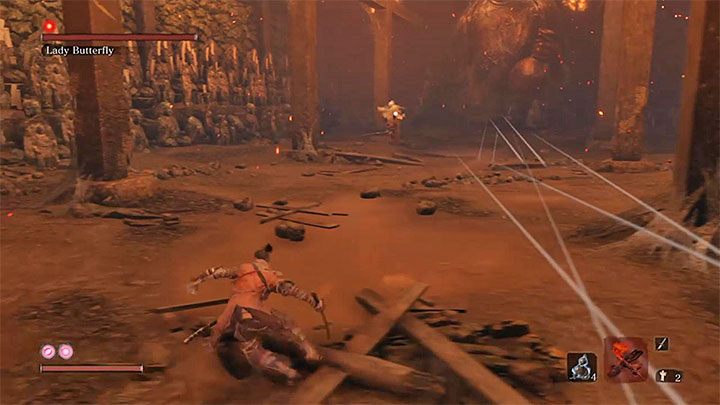 Lady Butterfly do atakowania bohatera wykorzystuje przede wszystkim wyrzucane z dużą siłą szpikulce - Pani Motyl (Lady Butterfly) | Boss w Sekiro Shadows Die Twice - Sekiro Shadows Die Twice - poradnik do gry