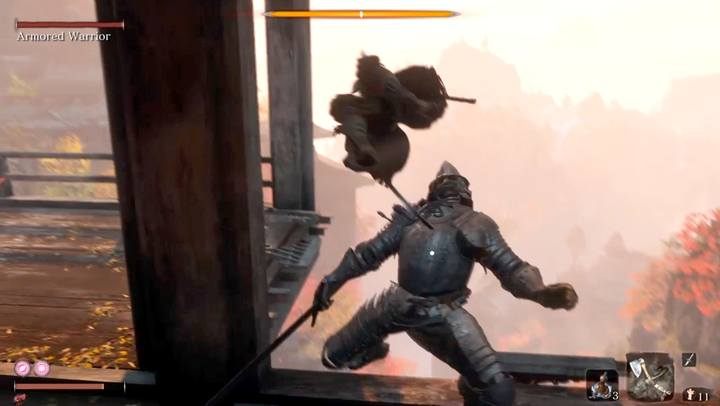 Zadanie ciosu krytycznego jest możliwe, gdy pasek postury wroga zapełni się i zobaczysz czerwoną kropkę na jego ciele - Armored Warrior | Boss w Sekiro Shadows Die Twice - Sekiro Shadows Die Twice - poradnik do gry