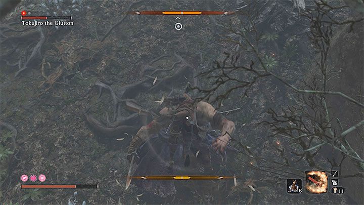 Po rozprawieniu się z małpami warto oddalić się na chwilę od bossa żeby uspokoił się i powrócił na swój posterunek - Tokujiro the Glutton | Boss w Sekiro Shadows Die Twice - Sekiro Shadows Die Twice - poradnik do gry