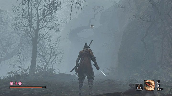 Odszukaj w pobliżu chatki pokazany na obrazku konar, którego można złapać się hakiem z liną - Mist Noble | Boss w Sekiro Shadows Die Twice - Sekiro Shadows Die Twice - poradnik do gry