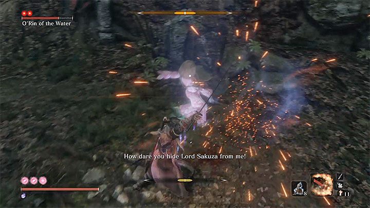 Po przystąpieniu do właściwych walk skup się na odbijaniu (parowaniu) ataków w wykonaniu ORin of the Water - ORin of the Water | Boss w Sekiro Shadows Die Twice - Sekiro Shadows Die Twice - poradnik do gry