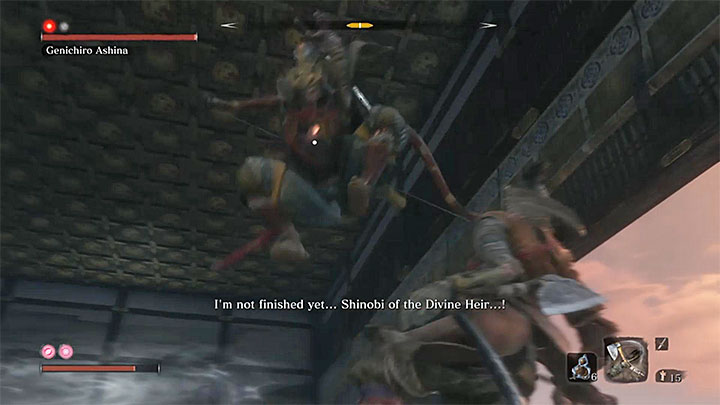 Bardzo ważną sprawą jest także unikanie niemożliwych do zablokowania ataków Genichiro, które tradycyjnie oznaczane są czerwonym symbolem - Genichiro Ashina | Boss w Sekiro Shadows Die Twice - Sekiro Shadows Die Twice - poradnik do gry