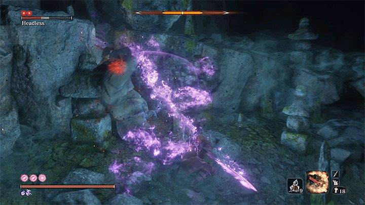 Zanim wkroczysz do jaskini zużyj środek uspokajający lub fioletową tykwę oraz dodatkowo boskie konfetti - Headless (Bezgłowy) z podzamcza Ashiny | Boss w Sekiro Shadows Die Twice - Sekiro Shadows Die Twice - poradnik do gry