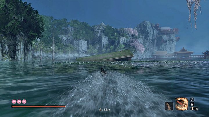 Ostrożnie zeskocz na niższe konary i wskocz do dużego zbiornika, po którym możesz teraz swobodnie pływać - Jak pokonać Wielkiego Karpia Koi w Sekiro? - Sekiro Shadows Die Twice - poradnik do gry