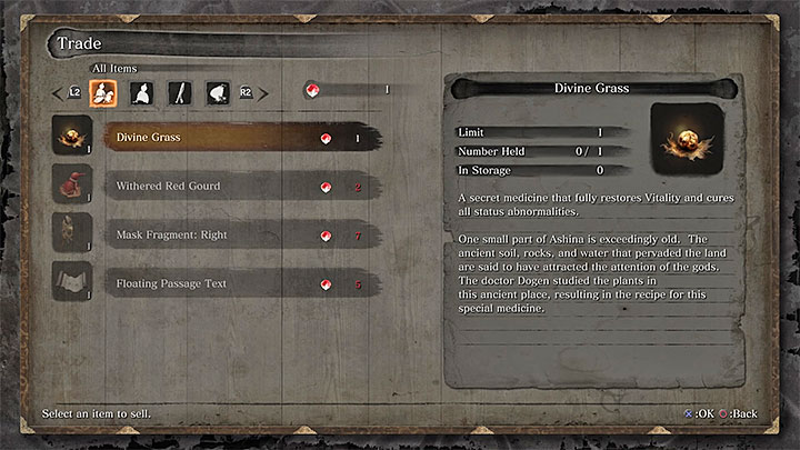 Przedmioty oferowane przez Harunagę pokazuje dołączony obrazek - Łuski karpia skarbów | Przedmioty specjalne w Sekiro Shadows Die Twice - Sekiro Shadows Die Twice - poradnik do gry