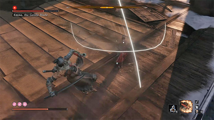 Emma, the Gentle Blade jest średnio wymagającym bossem, który posiada na dodatek tylko jeden pasek zdrowia - Zakończenie 1: Shura - Sekiro Shadows Die Twice - poradnik do gry