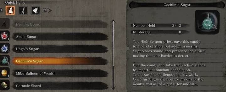 Druga metoda poprawy twoich umiejętności skradania się, to wykorzystanie Gachiins Sugar - Skradanie się w Sekiro Shadows Die Twice - Sekiro Shadows Die Twice - poradnik do gry