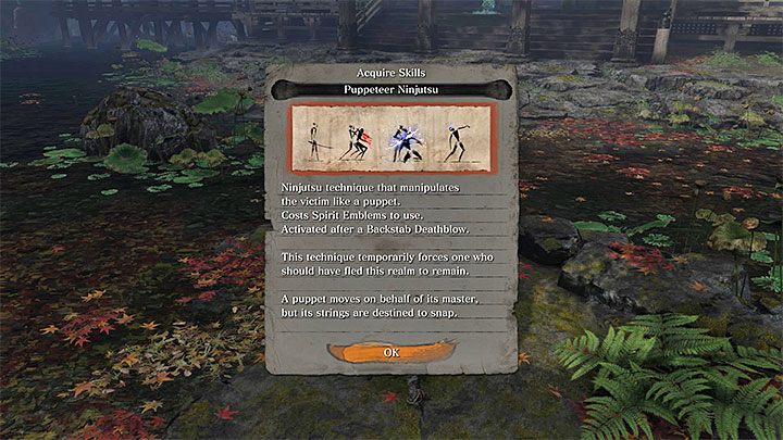 Inna ciekawa technika ninjutsu do załączenia po wykonaniu Śmiertelnego ciosu od tyłu to Lalkarz ninjutsu (Puppeteer Ninjutsu), która zużywa każdorazowo 5 symboli dusz - Jak wykonać Śmiertelny cios od tyłu w Sekiro Shadows Die Twice? - Sekiro Shadows Die Twice - poradnik do gry
