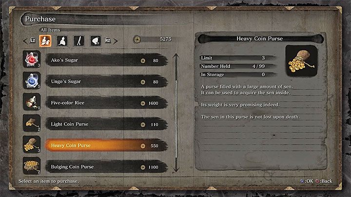 Druga rekomendowana technika to przenoszenie złota do sakiewek kupowanych od handlarzy - Jak tracić mniej doświadczenia i złota po śmierci w Sekiro? - Sekiro Shadows Die Twice - poradnik do gry