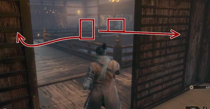 Idź dalej: tu zaczekaj, aż wróg idący po środku skręci w prawo, by wykończyć go po cichu; potem wyeliminuj babcię i mężczyznę, który szedł przed nią i stoi przy oknie - Zamek w Ashinie | Solucja Sekiro Shadows Die Twice - Sekiro Shadows Die Twice - poradnik do gry