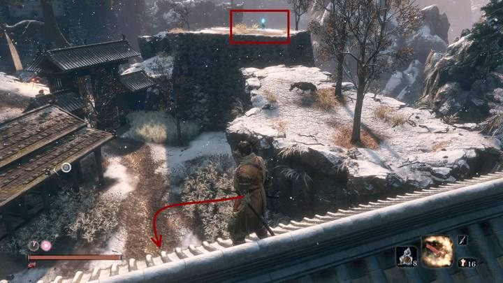 Od drugiej strony bramy (gdzie jest bezpiecznie) znajdziesz Handlarza Anayamę - Podzamcze Ashiny | Solucja Sekiro Shadows Die Twice - Sekiro Shadows Die Twice - poradnik do gry