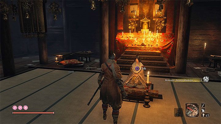 Po tym jak zabijesz wszystkie małpy gra automatycznie przeniesie bohatera w nowe miejsce na terenie Świątyni Senpou - do Wewnętrznego Sanktuarium (Inner Sanctum) - Świątynia Senpou | Solucja Sekiro Shadows Die Twice - Sekiro Shadows Die Twice - poradnik do gry