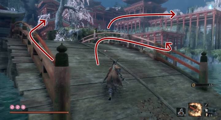 Kierując się od posążka rzeźbiarza Kwiatowa arena przez most, najłatwiej będzie przejść pod budynkami pomiędzy belkami rusztowań lub tyłami, gdzie również jest względnie bezpiecznie - Źródlany pałac | Solucja Sekiro Shadows Die Twice - Sekiro Shadows Die Twice - poradnik do gry