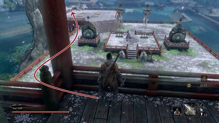 Możesz spróbować przebiec, omijając wszystkich wrogów i dobiegając do posążka rzeźbiarza Wielka sakura na końcu pomostu - gdy odpoczniesz przy nim, wrogowie uspokoją się i będziesz mógł zmierzyć się z bossem - Źródlany pałac | Solucja Sekiro Shadows Die Twice - Sekiro Shadows Die Twice - poradnik do gry