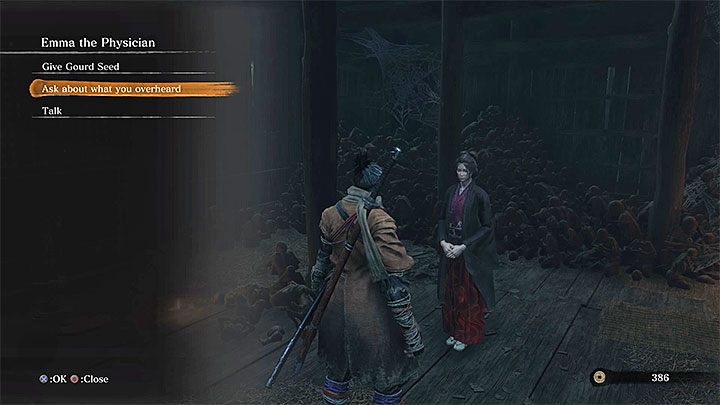 Porozmawiaj z Emmą i wybierz temat dotyczący podsłuchanej rozmowy - jest to druga opcja dialogowa - Zakończenie 3: Oczyszczenie (Purification) - Sekiro Shadows Die Twice - poradnik do gry