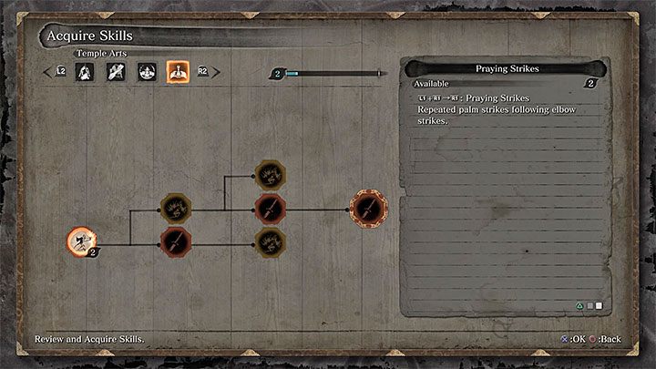 Po tym jak zdobędziesz co najmniej 1 punkt rozwoju możesz wybrać interesującą Cię kategorię umiejętności z zakładek w lewym górnym rogu ekranu - Rozwój postaci w Sekiro Shadows Die Twice - Sekiro Shadows Die Twice - poradnik do gry