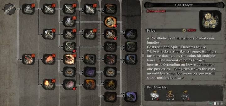 Rzut senami to przedostatnie ulepszenie Wmontowanego Shurikena - Wmontowany shuriken | Narzędzia protezy w Sekiro Shadows Die Twice - Sekiro Shadows Die Twice - poradnik do gry