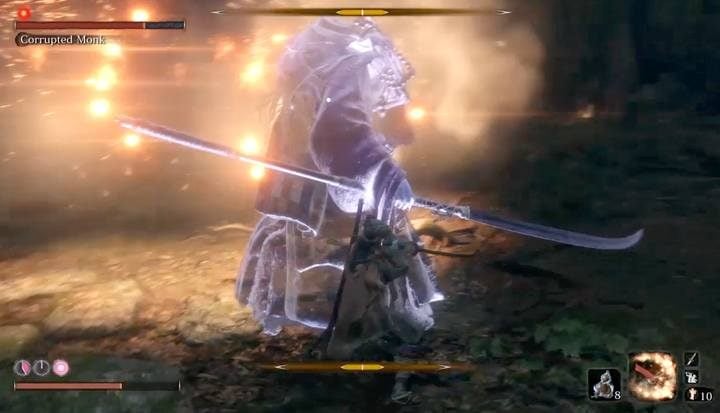 Dalsza część walki to jedynie wykorzystanie petardy, by w tym czasie przejść za plecy wroga i atakować go podstawowym ciosem mieczem - Zdeprawowana mniszka | Boss w Sekiro Shadows Die Twice - Sekiro Shadows Die Twice - poradnik do gry
