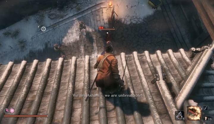Pierwszy cios krytyczny jesteś w stanie wykonać atakując z dachu budynku po lewej stronie - Generał Kuranosuke Matsumoto | Boss w Sekiro Shadows Die Twice - Sekiro Shadows Die Twice - poradnik do gry