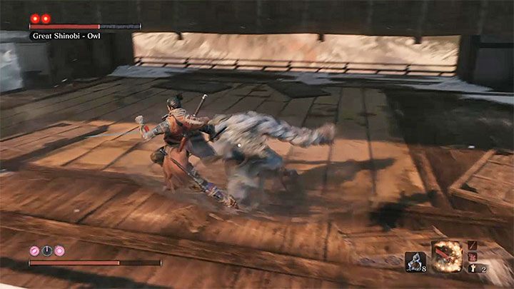 Great Shinobi - Owl ma dwie czerwone kropki nad swoją nazwą, czyli trzeba na nim wykonać dwa śmiertelne ciosy - Great Shinobi - Owl | Boss w Sekiro Shadows Die Twice - Sekiro Shadows Die Twice - poradnik do gry