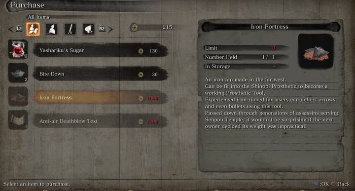 Żelazna forteca - przedmiot do zakupienia u handlarza - Wmontowany parasol | Narzędzia protezy w Sekiro Shadows Die Twice - Sekiro Shadows Die Twice - poradnik do gry