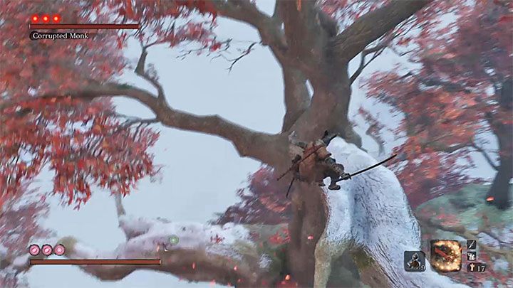 Na koniec szybko dociągnij się do najwyższego zaczepu po lewej stronie - Prawdziwa Zdeprawowana Mniszka | Boss w Sekiro Shadows Die Twice - Sekiro Shadows Die Twice - poradnik do gry