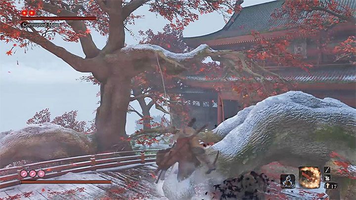 Błyskawicznie przyciągnij się do najbliższego zaczepu i powróć docelowo na najwyższy konar, z którego wykonywałeś poprzedni zeskok - Prawdziwa Zdeprawowana Mniszka | Boss w Sekiro Shadows Die Twice - Sekiro Shadows Die Twice - poradnik do gry