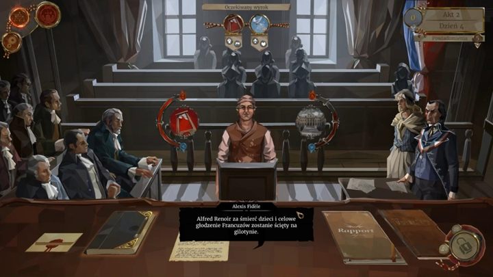 Następnie, nadejdzie dzień 4 i przystąpisz do kolejnego procesu - Alfreda Renoira - Dzień 3 i 4 - Szybkie rozprawy i Alfred Renoir - Solucja We The Revolution - We. the Revolution - poradnik do gry