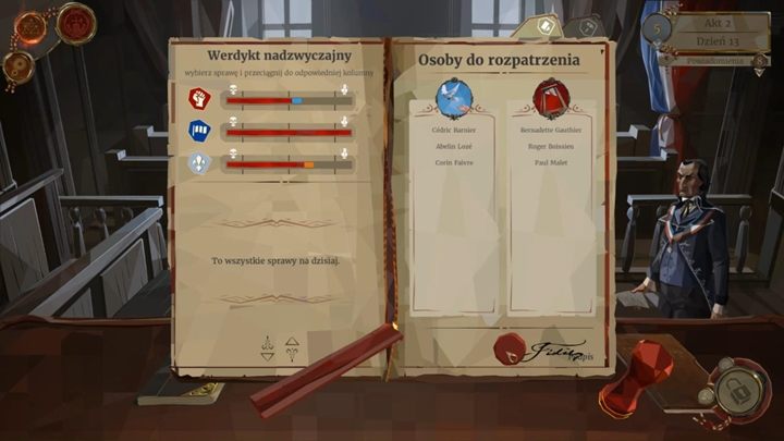 Szybkie wyroki klasycznie, wydaj tak, by polepszyć relacje z niektórymi frakcjami - Dzień 13 - Intryga przeciw Robespierre - Solucja We The Revolution - We. the Revolution - poradnik do gry