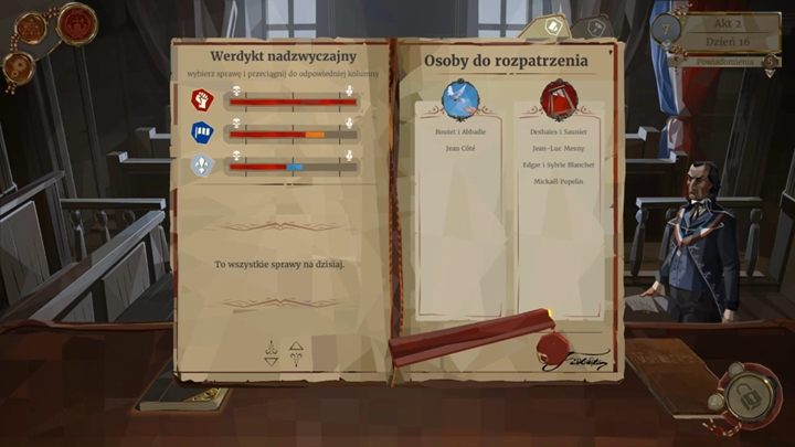 Jeśli chodzi o szybkie wyroki - staraj się balansować tak, by cieszyć się w miarę równym poparcie u każdej grupy - Dzień 16 - Szybkie wyroki i spadek reputacji - Solucja We The Revolution - We. the Revolution - poradnik do gry