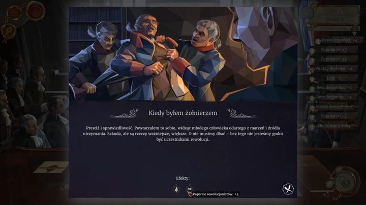 Przed rozprawą dostaniesz powiadomienie, jakie bonusy/kary otrzymasz za wcześniejszy wybór z podszywanym żołnierzem - Dzień 6 - Michel Gaubert, żołnierz - Solucja We The Revolution - We. the Revolution - poradnik do gry