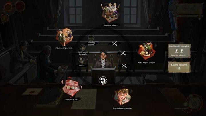 Każdy proces w grze praktycznie rozpoczniesz w ten sam sposób - przez naciśnięcie na akta sprawy i zapoznanie się z raportem, który dokładnie opisze całą sprawę - Układanie pytań w We The Revolution - We. the Revolution - poradnik do gry