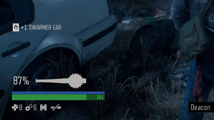 Aktualny stan używanej broni białej wyświetlany jest w lewym dolnym rogu ekranu - w przykładzie z naszego obrazka sprawność topora z bejsbola wynosi 87% - Days Gone: Broń - jak naprawić? - Days Gone - poradnik do gry