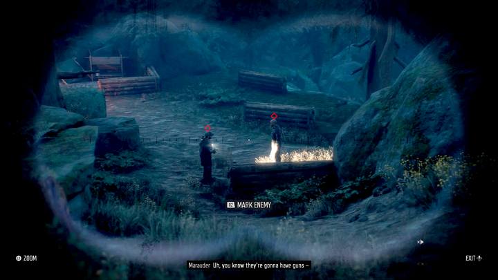 Używając lornetki (d-pad: góra) możesz oznaczać wrogów, by śledzić ich ruchy i lepiej zaplanować kolejne akcje - Days Gone: Ostra jazda - solucja, opis przejścia - Days Gone - poradnik do gry