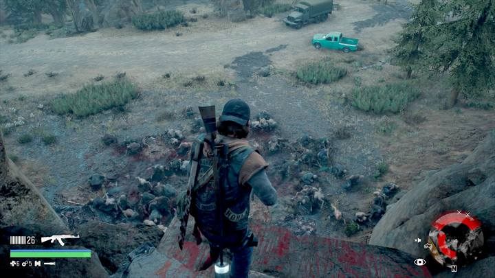 Horda oznaczona na mapie nr 2 wychodzi na żer za dnia i może przebywać przy jeziorze lub dalej, przy ścianie skalnej - Days Gone: Belknap - mapa, ważne lokacje - Days Gone - poradnik do gry