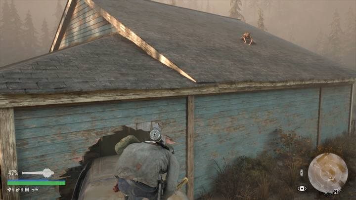 Dostań się teraz do budynku: wespnij się po samochodzie wbitym w ścianę na dach i wejdź przez dziurę do środka - Days Gone: Nigdy się nie poddam - solucja, opis przejścia - Days Gone - poradnik do gry