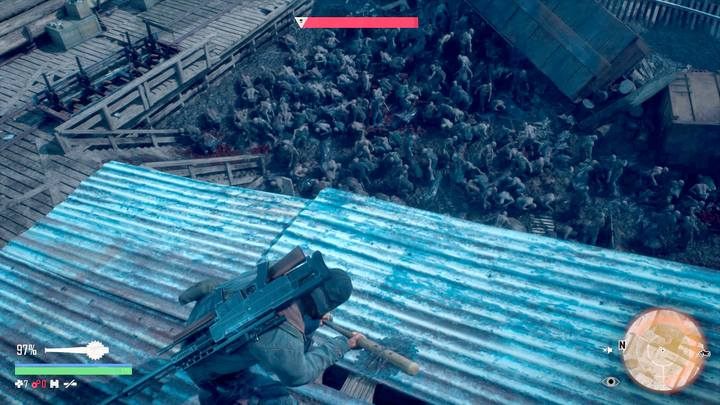 Dobrym pomysłem jest wykonanie bomb napalmowych i w trybie skupienia zrzucenie ich na wrogów z dachu tartaku - Days Gone: Wyścig z czasem - solucja, opis przejścia - Days Gone - poradnik do gry