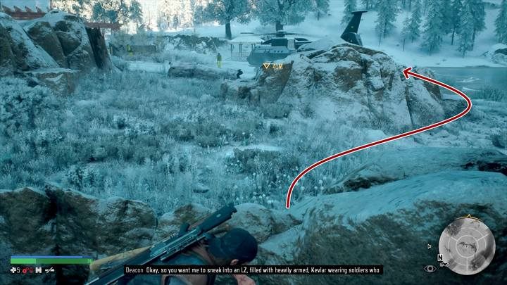 Podążaj za helikopterem na północ, i zakradnij się w pobliże śmigłowca od prawej strony, przechodząc między kamieniami - Days Gone: Pamiętam - solucja, opis przejścia - Days Gone - poradnik do gry