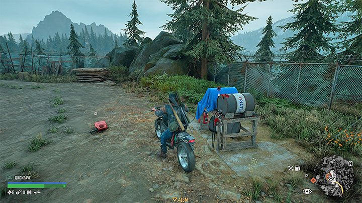 Innym ważnym miejscem na terenie kryjówki jest dystrybutor z paliwem, dzięki któremu możesz za darmo zatankować motocykl - Days Gone: Kryjówka na Górze OLeary | Obozowiska - Days Gone - poradnik do gry