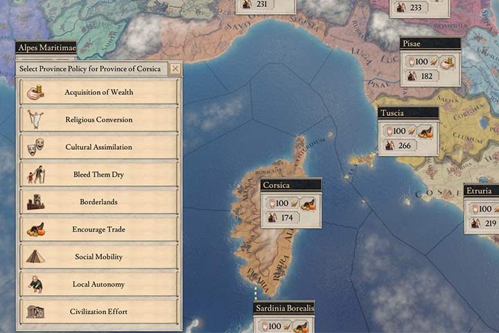 Lista polityk dla każdej prowincji jest dość długa. Filtr mapy, który zapewnia podgląd z podziałem na prwoincje lub filtr gubernatorów, ułatwia przeglądanie i zarządzanie politykami w twoim państwie. - Ekonomia - podatki, budynki i polityka w Imperator Rome - Imperator Rome - poradnik do gry