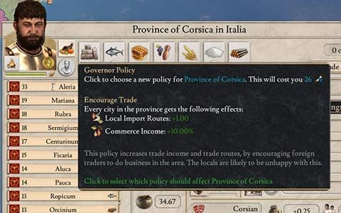 Aktualnie w prowincji Korsyka, jest ustawiona polityka, która zachęca do handlu. Możesz rozkazać gubernatorowi, aby zmienił politykę wobec mieszkańców tej prowincji, kosztem punktów Oratory. - Ekonomia - podatki, budynki i polityka w Imperator Rome - Imperator Rome - poradnik do gry