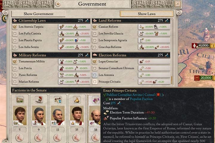 Niektóre prawa są niezbędne do podjęcie specjalnych decyzji. Na przykład wprowadzenie Princeps Civitas, jest niezbędne do wprowadzenie dyktatury jako nowej formy rządów. - Prawa i urzędy w Imperator Rome - Imperator Rome - poradnik do gry