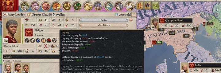 Ten przywódca partii ma dość niską lojalność i nadal traci zaufanie do aktualnego konsulu Rzymu. Chociaż jest kilka rzeczy, które przyczyniają się do wzrostu lojalności, to odmienna frakcja w senacie oraz wysoki poziom tyranii nie sprzyjają lojalności Drususa. - Lojalność - postaci, prowincji i armii w Imperator Rome - Imperator Rome - poradnik do gry
