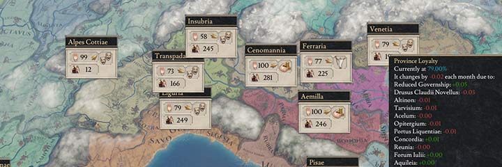 W północnej Italii sytuacja ma się dobrze, ale zaczyna się pogarszać w wielu prowincjach. - Lojalność - postaci, prowincji i armii w Imperator Rome - Imperator Rome - poradnik do gry