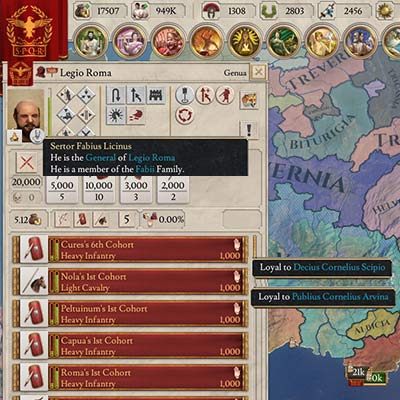 Kilka kohort jest lojalna wobec generała Fabiusa, ale lekka jazda jest wierna wobec senatora Deciusa, a jeden z oddziałów ciężkiej piechoty jest wierna wobec Publiusa, który jest przywódcą frakcji populistów. Ten legion może stanowić zagrożenie dla republiki. - Lojalność - postaci, prowincji i armii w Imperator Rome - Imperator Rome - poradnik do gry